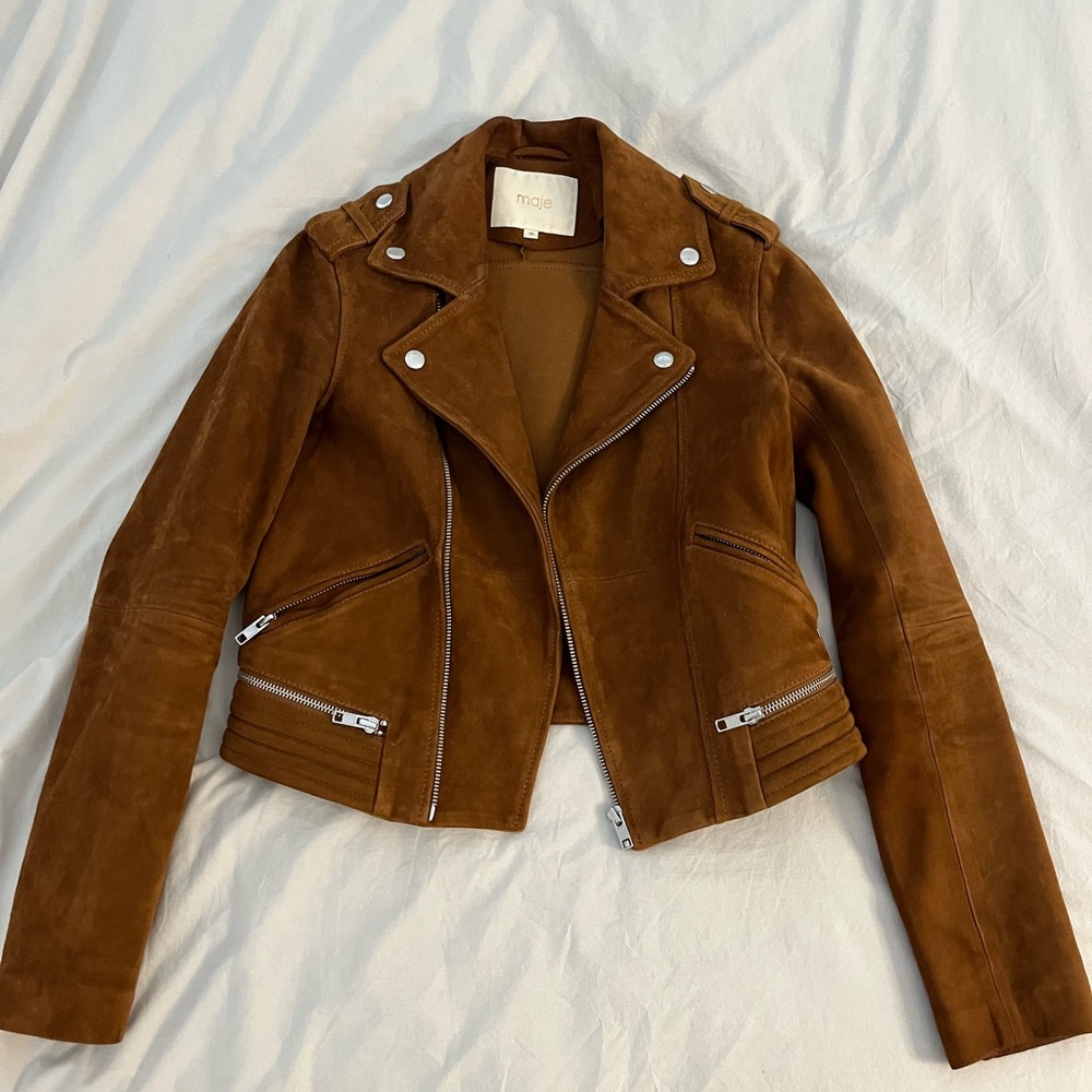 Maje Brown Suede Leather Moto Jacket